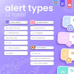 May include: A digital graphic with the text "alert types" and "12 total." It features icons for Twitch, YouTube, and Ko-fi, with options like "Twitch Follow," "Subscription," and "Tips." The background is a gradient of purple and white.
