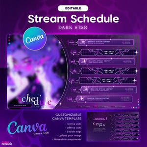 Modelo de Cronograma de Transmissão Dark Star | Modelo Canva | Roxo Escuro | Streamer | Cronograma de Transmissão Semanal do Vtuber | Recursos PNGTuber | Twitch