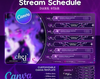 Dark Star Stream Schedule Template | Canva Template | Dark Purple | Streamer | Vtuber Weekly Stream Schedule | PNGTuber Assets | Twitch