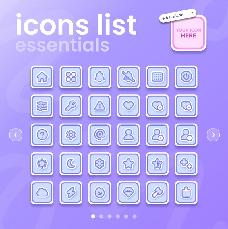 May include: A collection of light blue and white icons on a purple background. The icons are arranged in a grid and include symbols for a house, settings, a heart, and more. The text "icons list essentials" is at the top.