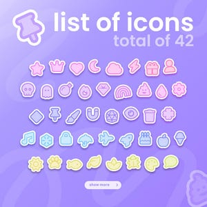 May include: A collection of 42 pastel-colored icons on a purple background. The icons include a crown, heart, moon, cloud, lightning bolt, gift, person, skull, ghost, diamond, rainbow, and more. Text at the top reads "list of icons total of 42".