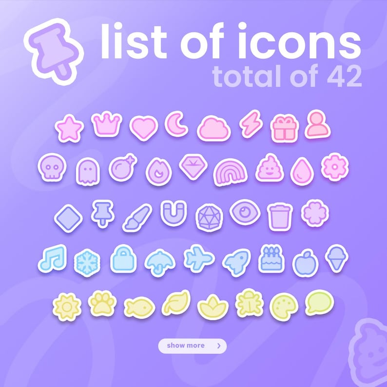 May include: A collection of 42 pastel-colored icons on a purple background. The icons include a crown, heart, moon, cloud, lightning bolt, gift, person, skull, ghost, diamond, rainbow, and more. Text at the top reads "list of icons total of 42".