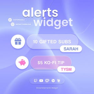 May include: A digital graphic with the text "alerts widget" in white. The graphic includes icons for customization and instant download, along with notifications for gifted subs and Ko-Fi tips. The name "SARAH" and the abbreviation "TYSM" are also displayed.