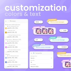 May include: A digital graphic showcasing customization options for colors and text. The design includes examples of message styles, user background colors, and typography settings. Text includes "MOD", "VIP", and "VIEWER" labels, along with sample messages.