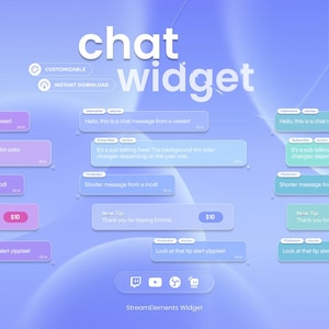 Könnte beinhalten: Ein digitales Grafikdesign mit dem weißen Text "Chat-Widget". Das Bild zeigt Chat-Blasen mit Beispielnachrichten, Anpassungsoptionen und einem Sofort-Download-Symbol. Der Hintergrund ist ein Farbverlauf aus Hellblau und Lila.