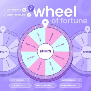 May include: A digital graphic of a "Wheel of Fortune" in purple, pink, and blue. The wheel is segmented with labels from "Result One" to "Result Eight" and the text "Spin It!" and "Wheel of Fortune". The design includes the words "Customizable" and "Instant Download."