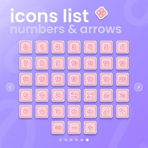 May include: A collection of pink and white icons on a purple background. The icons include numbers, arrows, and mathematical symbols. The text "icons list" and "numbers & arrows" is displayed at the top.
