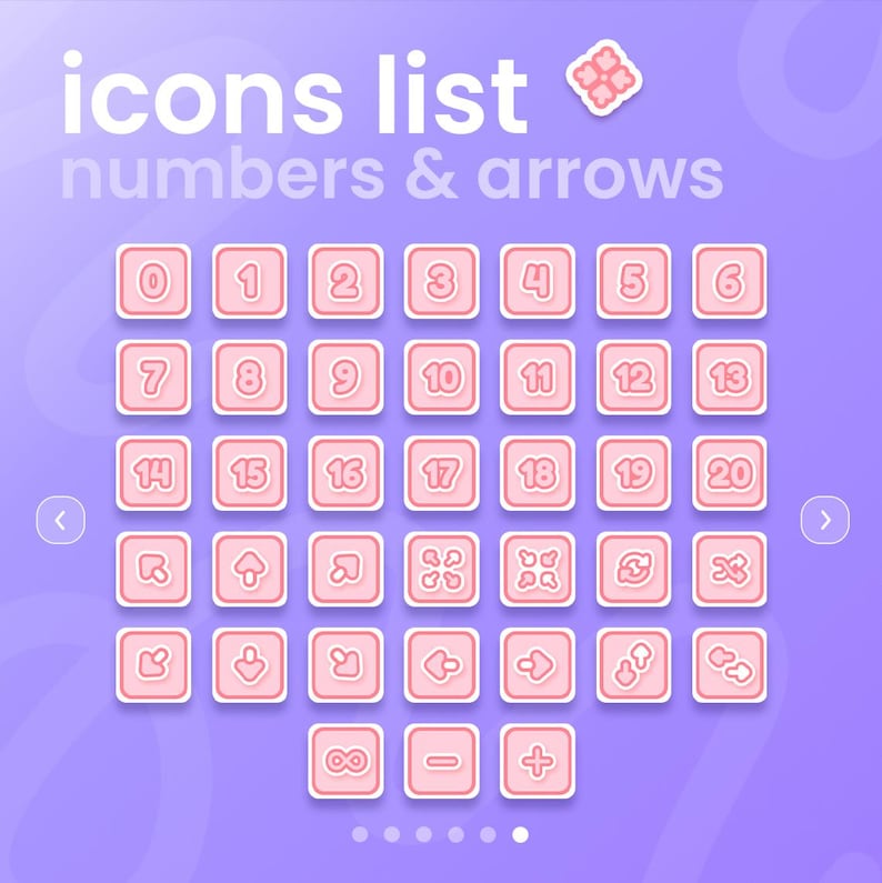 May include: A collection of pink and white icons on a purple background. The icons include numbers, arrows, and mathematical symbols. The text "icons list" and "numbers & arrows" is displayed at the top.