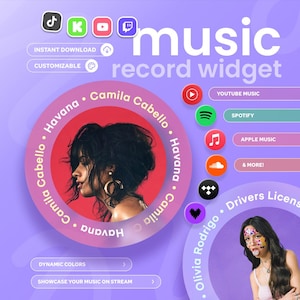 May include: A digital music record widget design in shades of purple, featuring icons for various music platforms. Includes a portrait of Camila Cabello and the text "music record widget". Options for dynamic colors and showcasing music are also displayed.