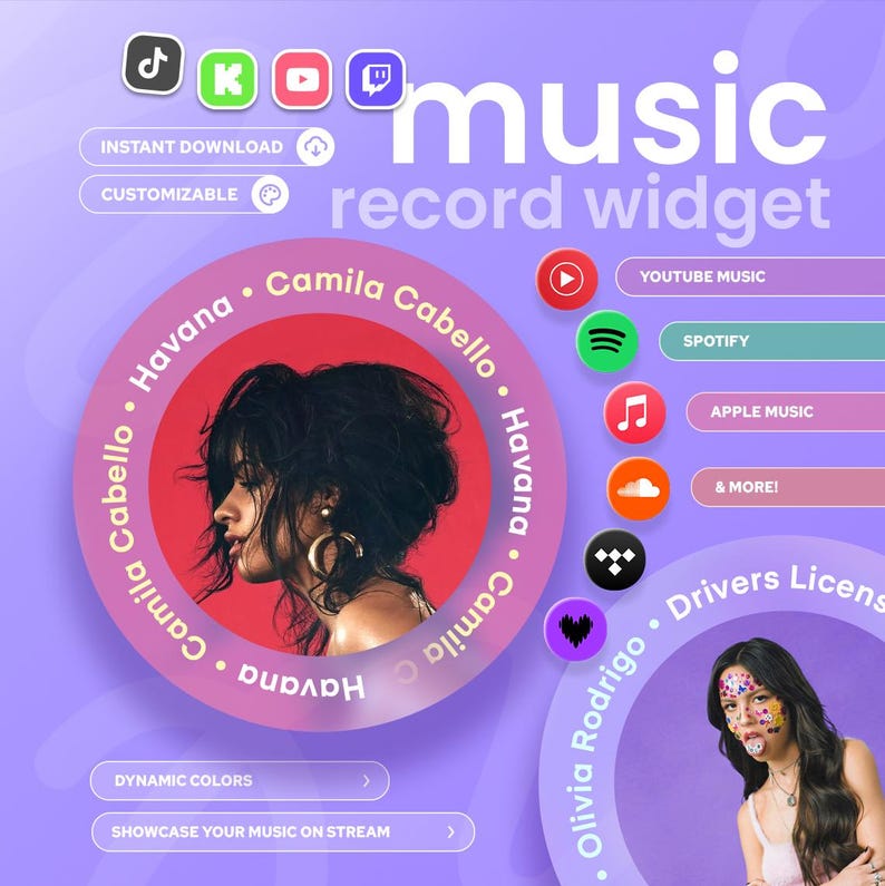 Puede incluir: Dise&ntilde;o de widget de registro de m&uacute;sica digital en tonos morados, con iconos de varias plataformas de m&uacute;sica. Incluye un retrato de Camila Cabello y el texto "music record widget". Tambi&eacute;n se muestran opciones para colores din&aacute;micos y mostrar m&uacute;sica.