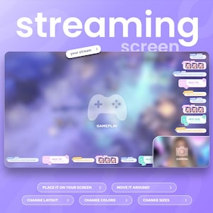 May include: A digital streaming screen interface with a purple and white color scheme. The interface includes a gameplay overlay, camera view, and various interactive elements such as "New Tip" and "New Sub" notifications. Text includes "streaming screen" and "gameplay".