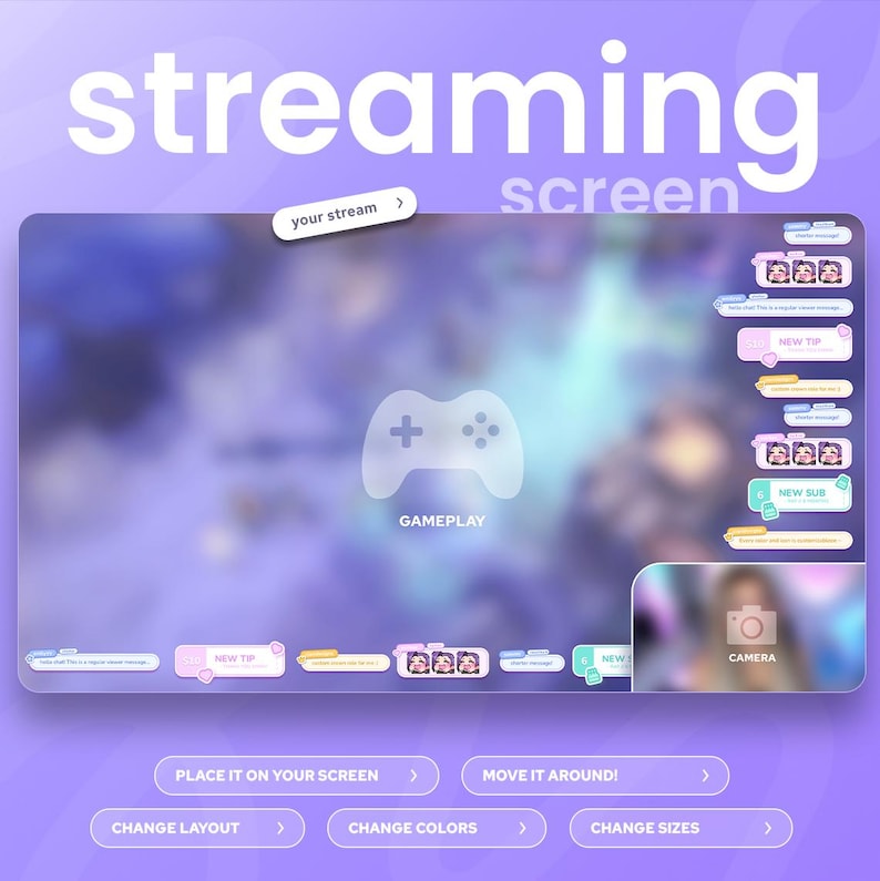 May include: A digital streaming screen interface with a purple and white color scheme. The interface includes a gameplay overlay, camera view, and various interactive elements such as "New Tip" and "New Sub" notifications. Text includes "streaming screen" and "gameplay".