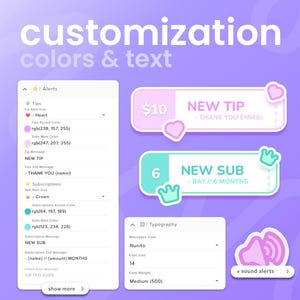 May include: A digital interface with customization options for colors and text. The image shows alert settings, including tip and subscription messages, with examples of new tips and subs. Typography settings are also displayed.