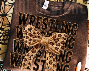 Yarn Wrestling Mom Png File with Faux Knit Leopard Bow Digital File Sublimation Design