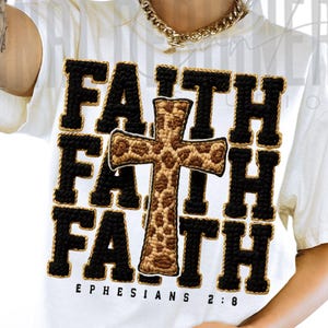 A digital design of the word “FAITH” repeated in black crochet-style letters with a large central cross featuring a leopard yarn texture. The piece has soft stitched edges and a handcrafted, warm appearance.