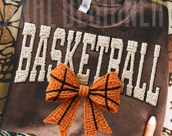Yarn Basketball Bow PNG, Cozy Knit Basketball PNG, Faux Crochet Sports Design, Basketball Mom Sublimation, Game Day Digital Download