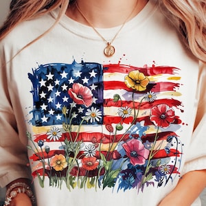 Drapeau américain Floral PNG, design en sublimation de fleurs sauvages patriotique Etats-Unis, graphique chemise Boho 4 juillet, pavot et marguerite drapeau PNG