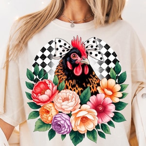 Blumenhuhn PNG - Bauernhaus Henne mit Polka Dot Schleife & Pfingstrosen Blumen, Country Sublimation Design, lustiges Huhn Clipart für rustikales Handwerk