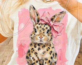 Happy Easter Bunny PNG | Oil Paint Leopard & Pink Bow Coquette Bunny Designs