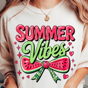 Lazo de sandía con ambiente veraniego PNG, bonito diseño de camiseta de sublimación de verano, archivo digital imprimible con gráfico rosa y verde brillante, descarga instantánea