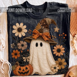 May include: A dark gray t-shirt featuring a graphic of a white ghost wearing a brown patterned witch hat with an orange bow, a black cat sitting on a jack-o'-lantern, and various brown and orange flowers. Text reads INSTANT DOWNLOAD CANARTSTUDIO.