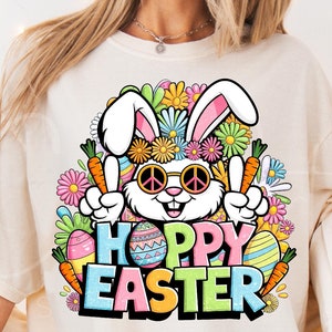 Hoppy Easter Bunny Png, Easter Bunny con il segno della pace Clipart, Colorful Hippie Easter Bunny Design, Retro Bunny con fiori PNG Digital Art