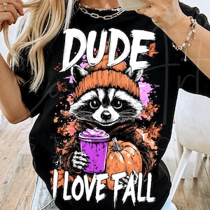 Fille sauvage automne png, conception de chemise sublimation mec I love automne png, grunge raton laveur png, automne amateur de café, saison des citrouilles téléchargement graphique