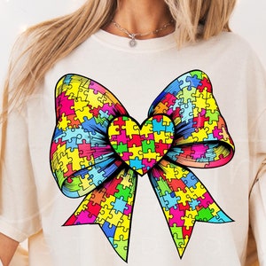 Autismus Awareness Bow PNG, Puzzlestück Kokette Band Design Bunte Autismus Puzzle Clipart Herz und Puzzle Sublimation PNG Autismus Unterstützung