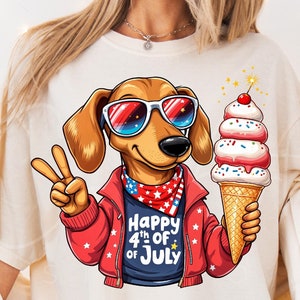 愛国的なダックスフント PNG、7 月 4 日の犬 ウインナー犬 PNG、米国独立記念日の犬好きのデザイン、ソーセージ犬 PNG、アイスクリームを持った犬 デジタル