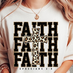 Foi croix sublimation PNG, PNG chrétien imprimé léopard, conception de chemise basée sur la foi, inspiration écriture religieuse Png, téléchargement numérique