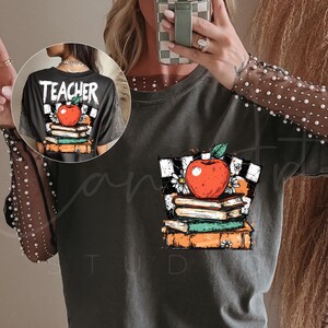 Docent terug naar school Apple Book Stack png-sublimatie shirtontwerp eerste schooldag png cadeau voor leraar digitaal bestand afbeelding afbeelding