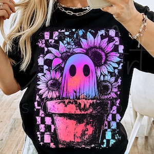 Halloween Spooky Cute Ghost Png, Retro Checkered Ghost In Flower Pot Sublimation Shirt Design, Girly Aesthetic Graphic Grunge Style Graphic