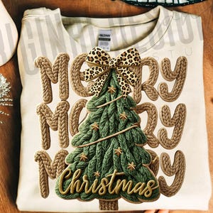 Merry Christmas Yarn Tree PNG, Faux Crochet Leopard Bow Design, Knitted Holiday Sublimation, Cozy Christmas Digital Download For Crafters