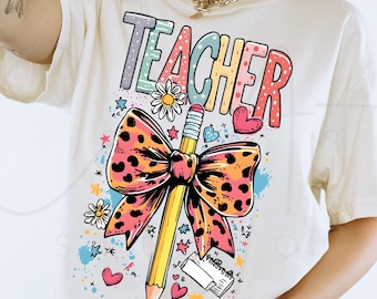 Coquette Teacher PNG: Leopard Bow Pencil, Back to School Design (Digital File)