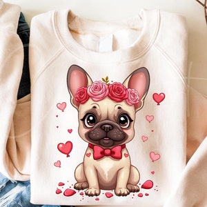 Valentinstag Französische Bulldogge PNG, Romantische Bulldogge Clipart, Frenchie mit Blumenkronen-Design, Valentinstag Hundeillustration, süße Bulldogge