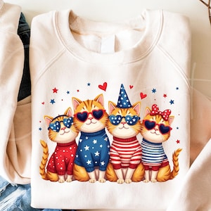 Chats patriotiques PNG, Clipart chats du 4 juillet, conception de chat sur le thème des Etats-Unis, conception de sublimation de chats bleu blanc rouge, téléchargement numérique de chats mignons