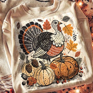 A rustic vintage turkey with pumpkins and autumn leaves in distressed Thanksgiving style. Perfect for farmhouse fall décor, shirts, mugs, and holiday crafts. High-resolution PNG, instant digital download.