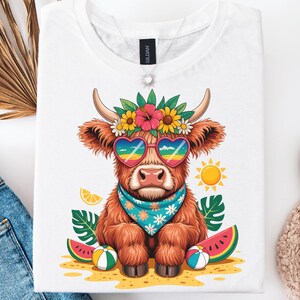 Summer Highland Cow PNG, Beach Vacation Sublimation Design, Tropical Cute Cow Clipart with Watermelon & Sunglasses, Instant Download