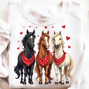 Saint-Valentin cheval PNG, conception de sublimation des cliparts cheval romantique, illustration de chevaux bandana rouge, trois chevaux conception de la Saint-Valentin téléchargement