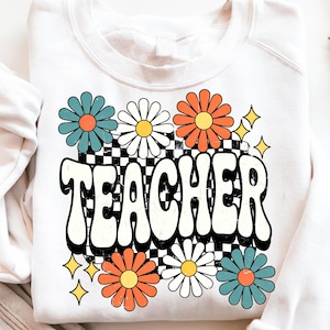 Retro Lehrer PNG - Groovy Daisy Floral Sublimationsdesign mit Schachbrett Hintergrund, Vintage Back To School Clipart für Erzieher