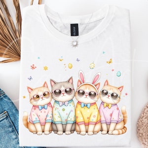 Sublimation PNG de chats de Pâques, mignons chats de printemps numérique Png, graphique d'escouade de chatons de Pâques, Clipart Kitty pull floral, pour les T-shirts DIY