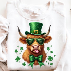 Clipart de vache Highland St. Patrick, vache trèfle numérique Png, téléchargement numérique vache sur le thème de l'Irlande, vache avec chapeau de lutin Clipart
