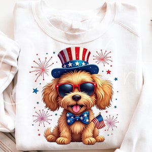 Goldendoodle patriottische png-clipart, Fourth Of July-hond png, Amerikaanse hond digitale afbeelding, hond met sterren en strepen hoed sublimatie