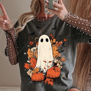 Halloween Ghost PNG, Cute Fall Ghost Sublimation Design, Autumn Leaves And Pumpkin PNG, Spooky Season Clipart For Shirts Digital Download