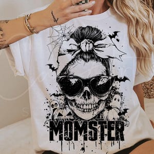 Momster PNG、Halloween Mama PNG、Tシャツ用昇華デザイン、Skull Mom Grunge Graphic Digital Download、Spooky Season Black And White Png