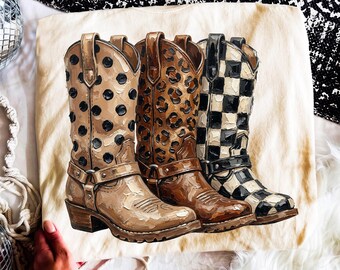 Brushstroke Cowboy Boots PNG | Checkered & Leopard Print | Polka Dots Western Graphics
