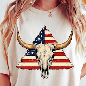 Fichier PNG patriotique de tête de mort de taureau, sublimation du drapeau ouest-américain, téléchargement numérique rustique de tête de mort de vache, conception de tête de mort occidentale du 4 juillet
