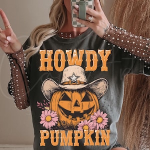 Olá, abóbora PNG, design de camisa de sublimação de outono ocidental, abóbora de cowboy com flores, gráfico rústico de Halloween de outono