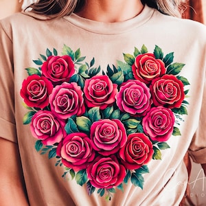 Coeur fleuri Png, coeur avec roses Png sublimation, Png de la Saint-Valentin, Clipart coeur floral, conceptions de chemise de la Saint-Valentin à télécharger