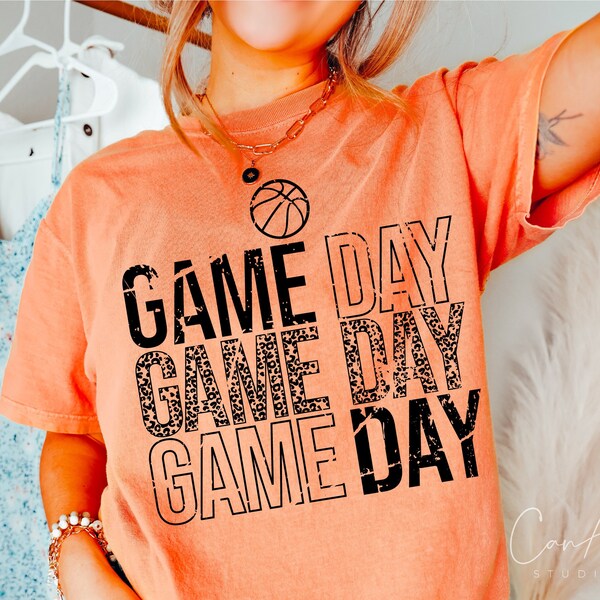 Día del juego de baloncesto Png Svg angustiado - Grunge Basketball Leopard Print Shirt Design Cut File para Cricut Silhouette Eps Dxf Pdf Sublimation